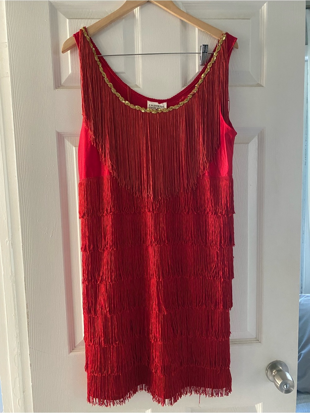 Vintage-Inspired Red Fringe Midi Dress with Gold Trim